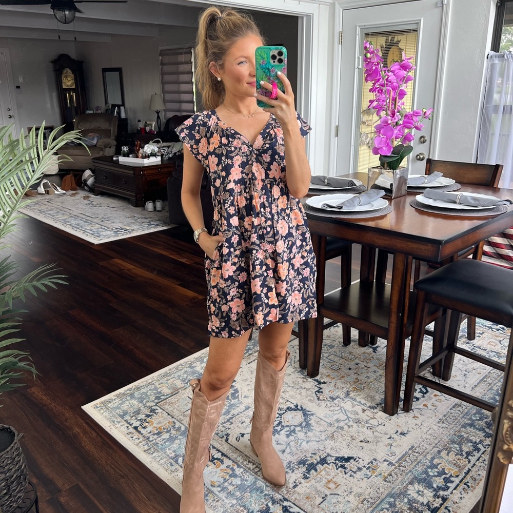 Floral Ruffle Mini Dress in Black and Pink